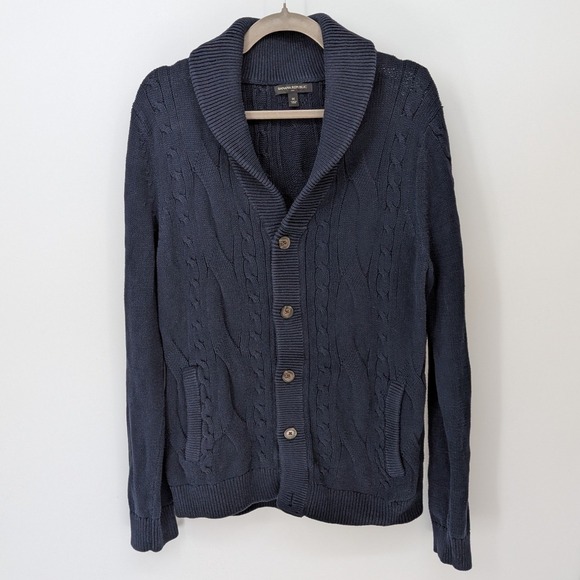 Banana Republic $128 Medium Navy Blue Cable Knit Shawl Collar Cardigan Sweater - Picture 3 of 12